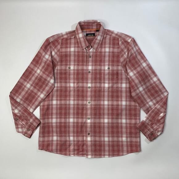 Orvis Shirt Mens L Large Rich Red White Plaid Tech Long Sleeve Outdoor Fishing - Picture 2 of 11